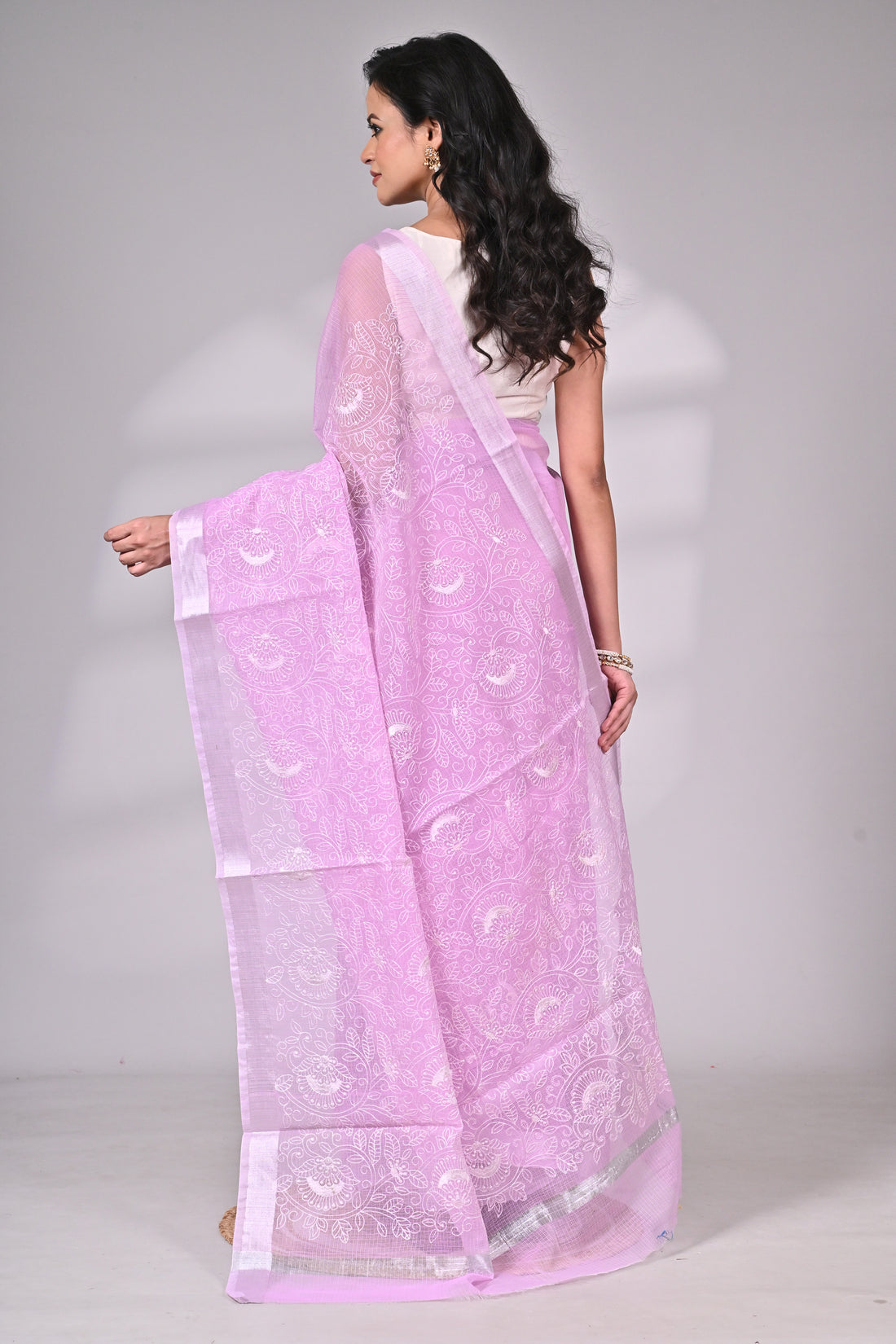 Lavender Kota Doria Saree with White Thread Embroidery