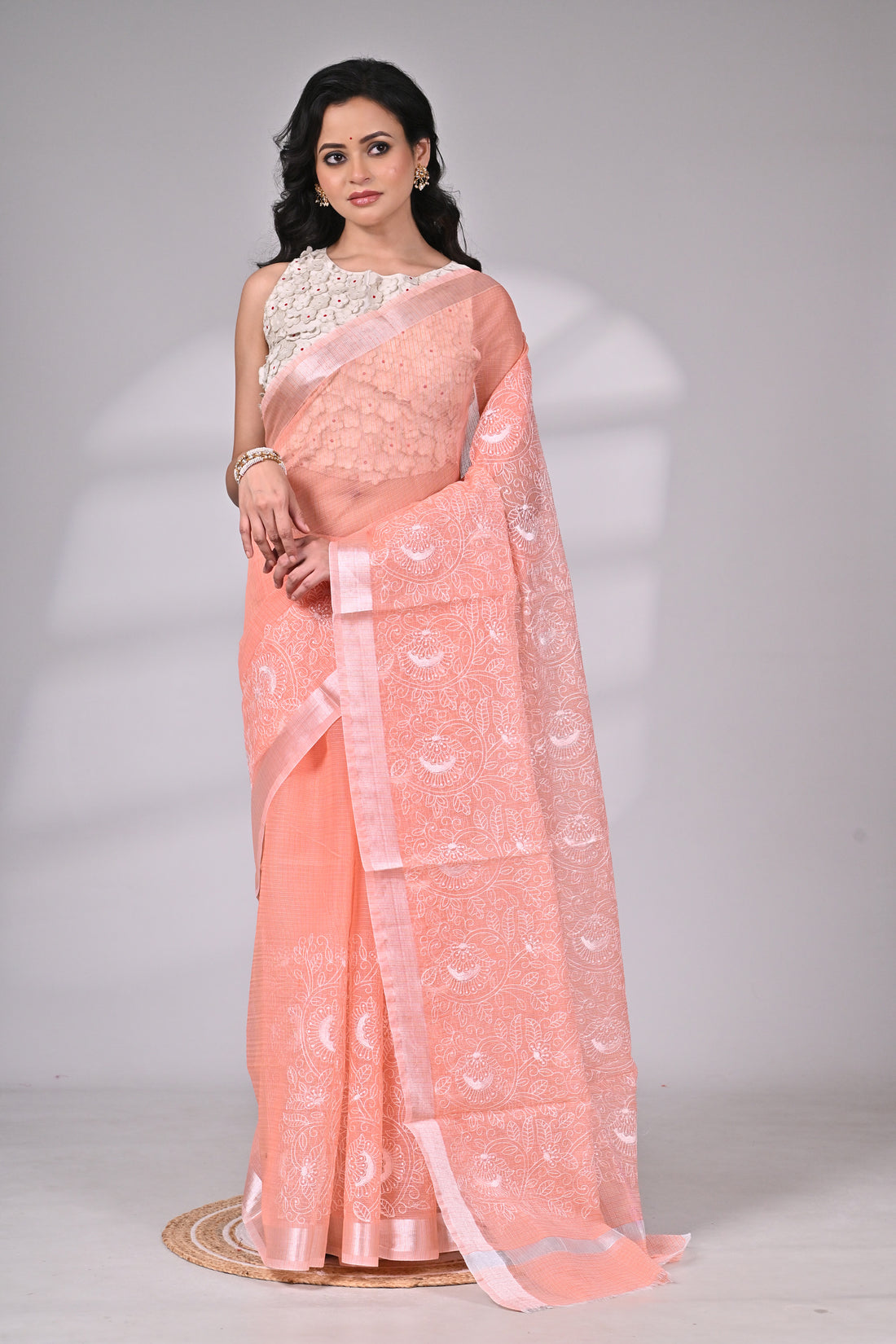 Peach Kota Doria Saree with White Thread Embroidery