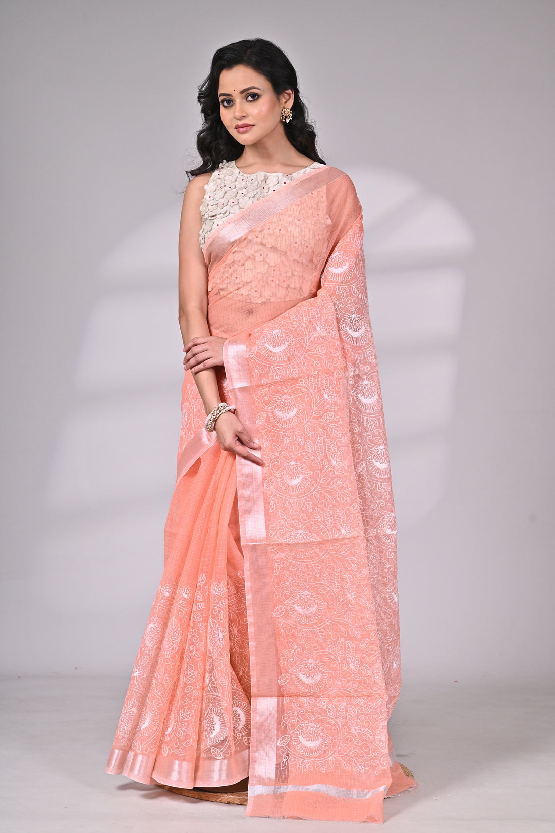 Peach Kota Doria Saree with White Thread Embroidery