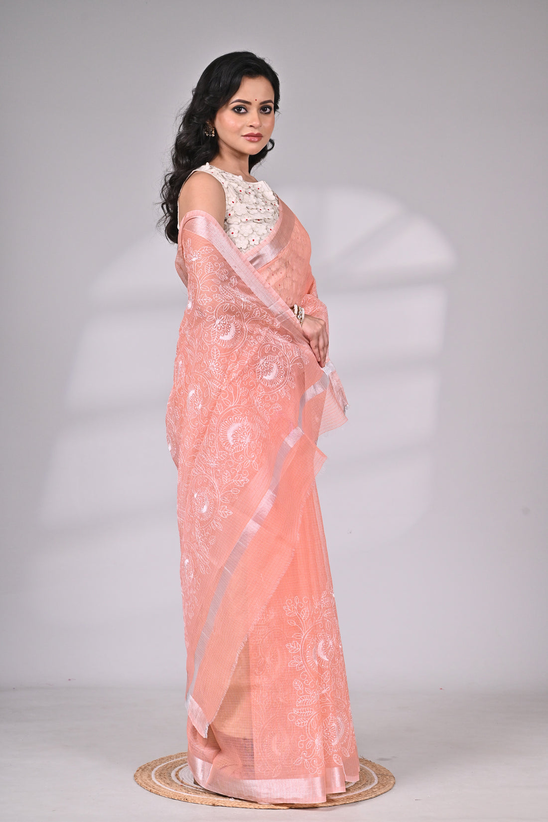 Peach Kota Doria Saree with White Thread Embroidery