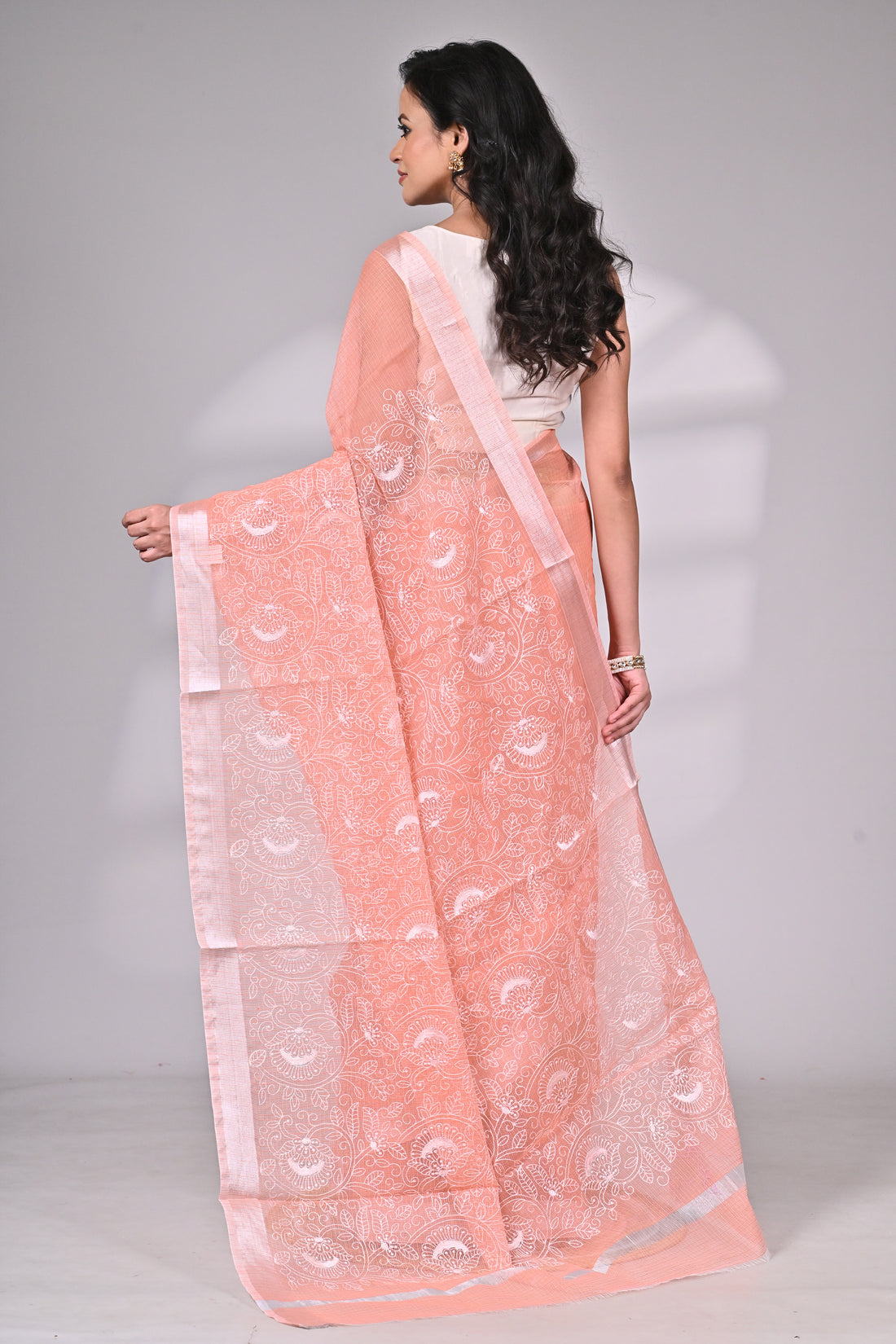 Peach Kota Doria Saree with White Thread Embroidery