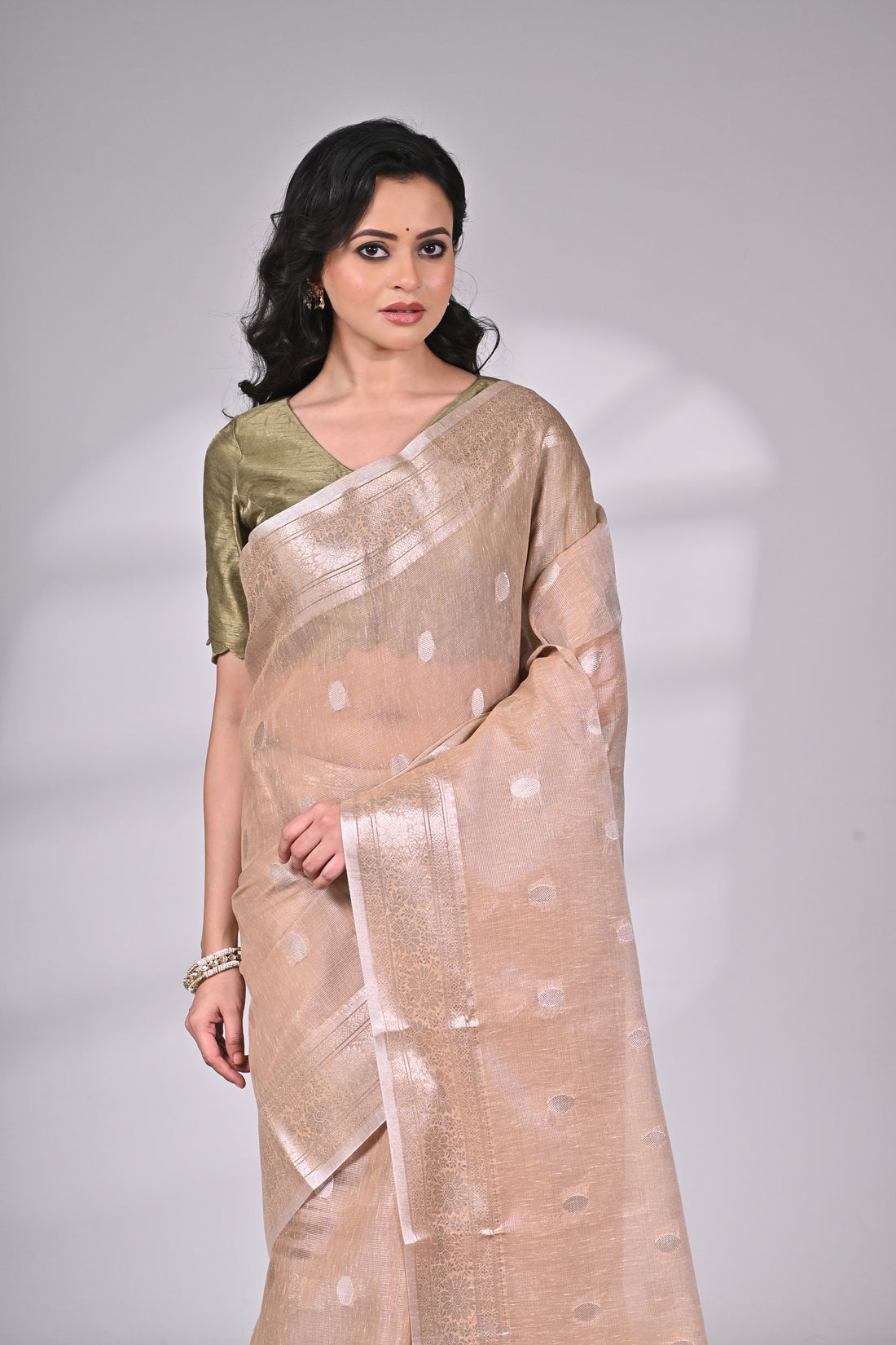 Beige Linen Tissue Saree with Subtle Silver Zari Accents