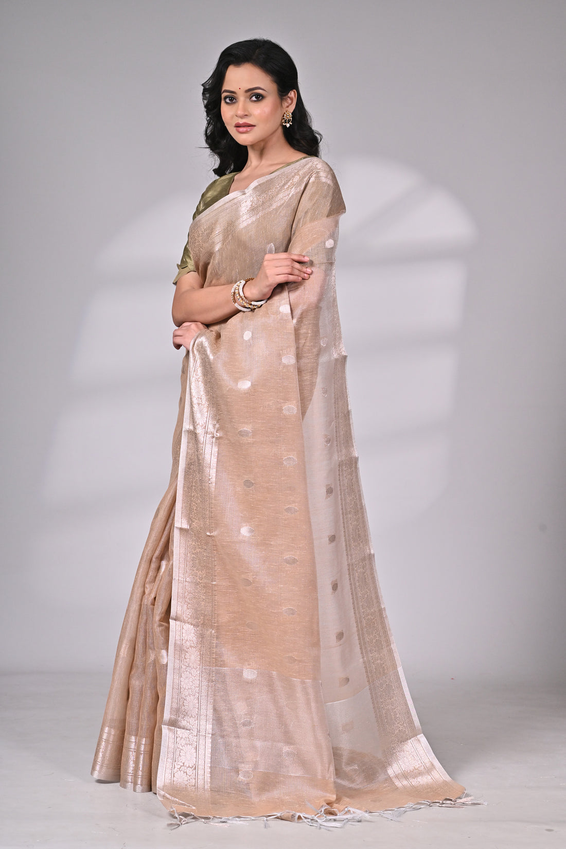 Beige Linen Tissue Saree with Subtle Silver Zari Accents