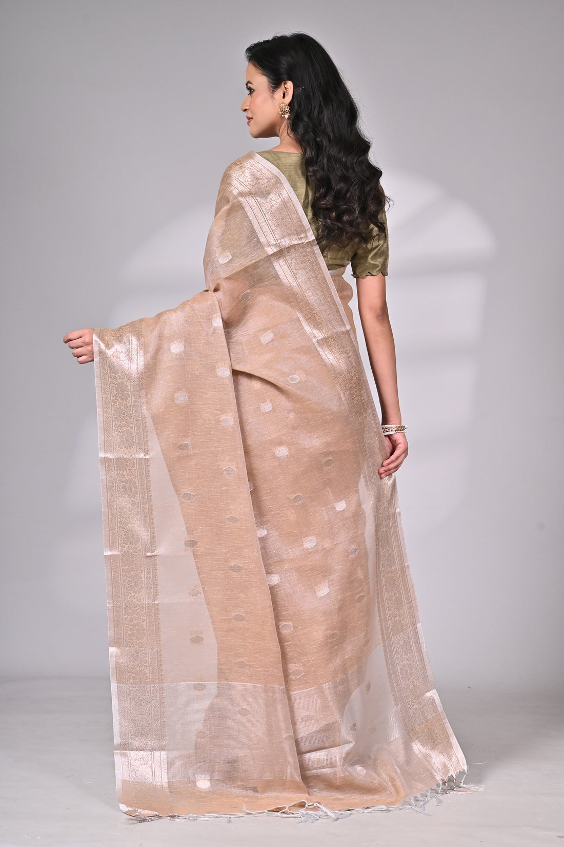 Beige Linen Tissue Saree with Subtle Silver Zari Accents