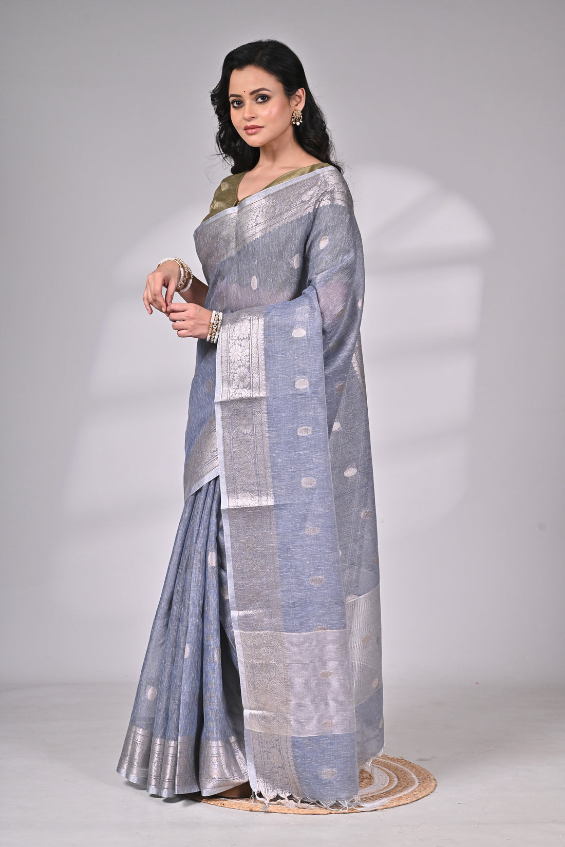 Grey Linen Tissue Saree with Silver Zari Weaving
