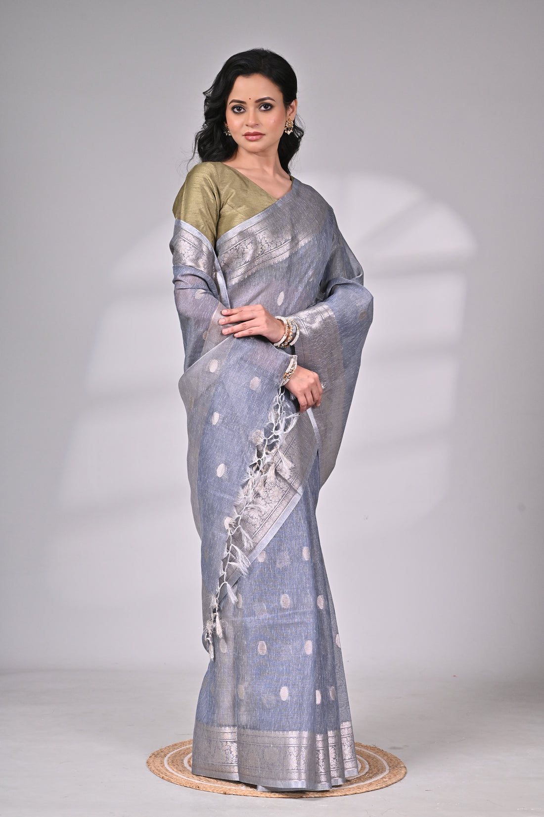 Grey Linen Tissue Saree with Silver Zari Weaving