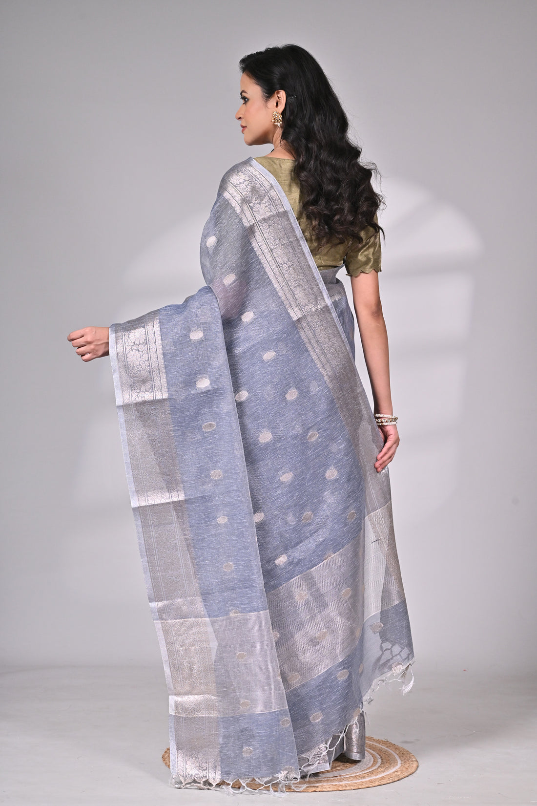 Grey Linen Tissue Saree with Silver Zari Weaving