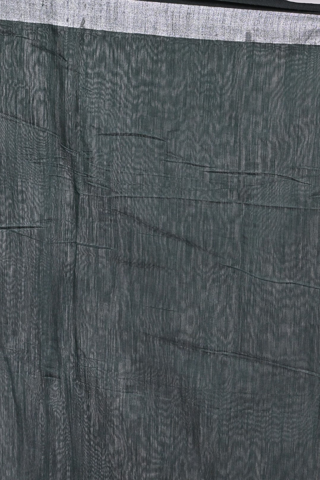 Emerald Green Mul Cotton Saree with Silver Zari Border and Embroidery