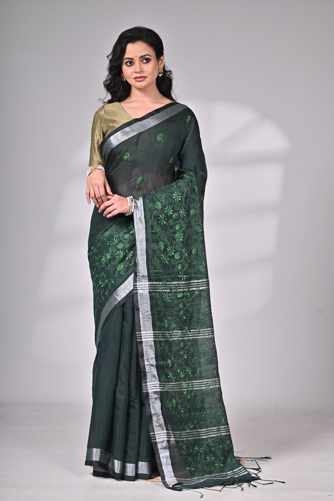 Emerald Green Mul Cotton Saree with Silver Zari Border and Embroidery