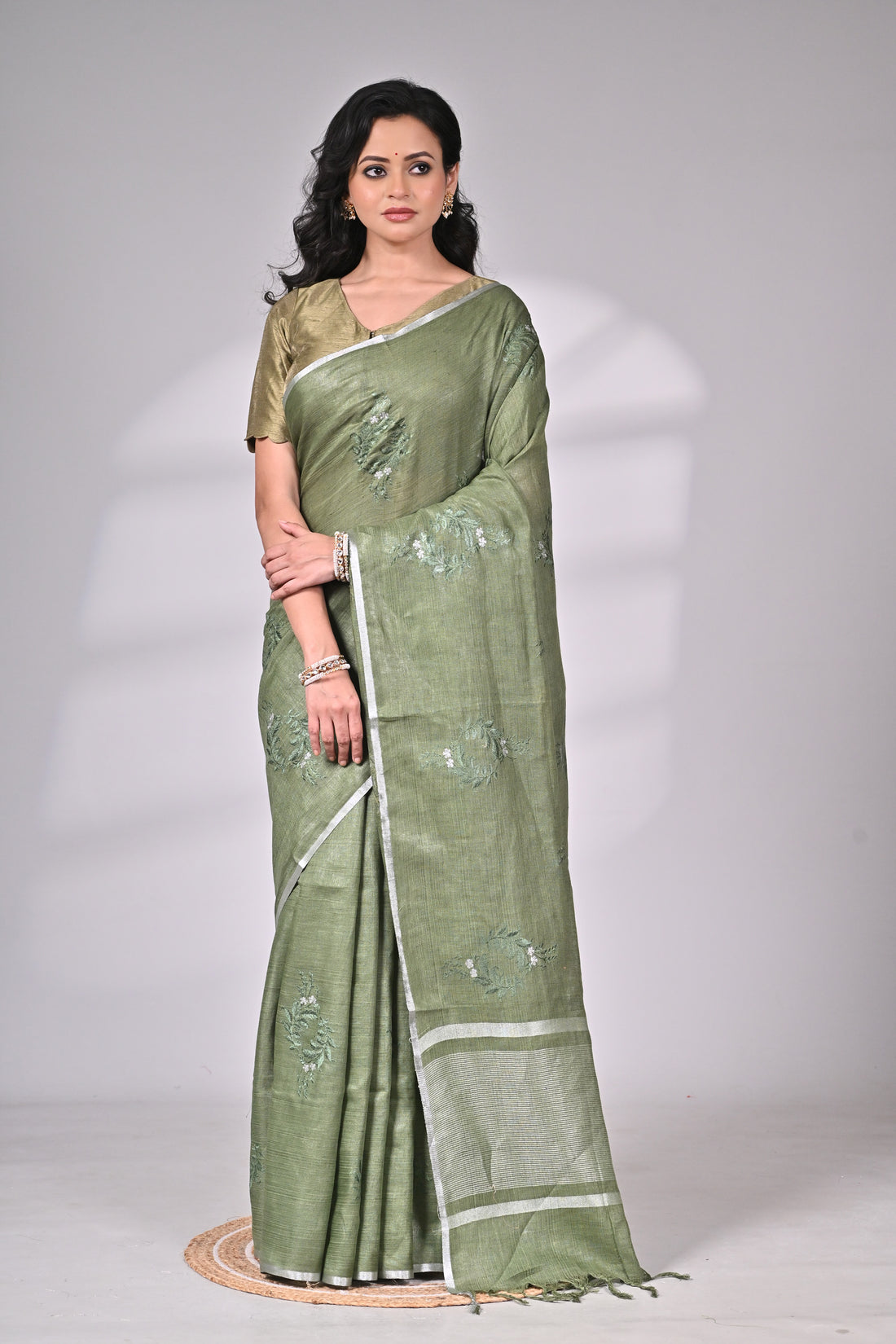 Linen Saree with Subtle Embroidery – Olive Green