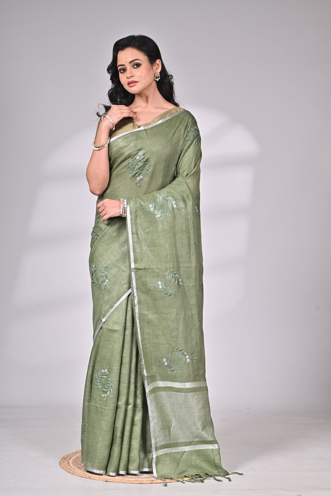 Linen Saree with Subtle Embroidery – Olive Green