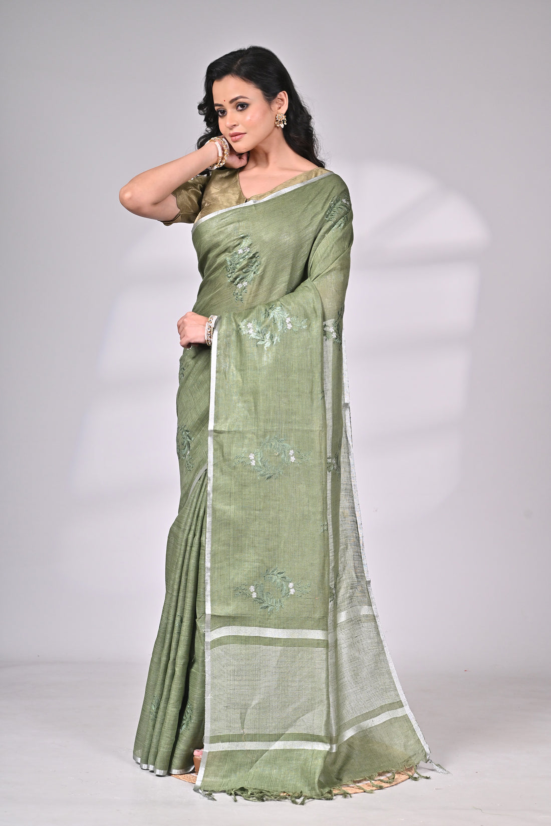 Linen Saree with Subtle Embroidery – Olive Green