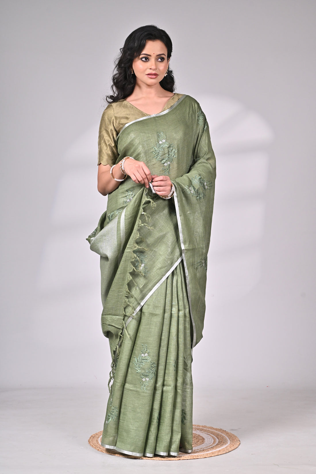 Linen Saree with Subtle Embroidery – Olive Green
