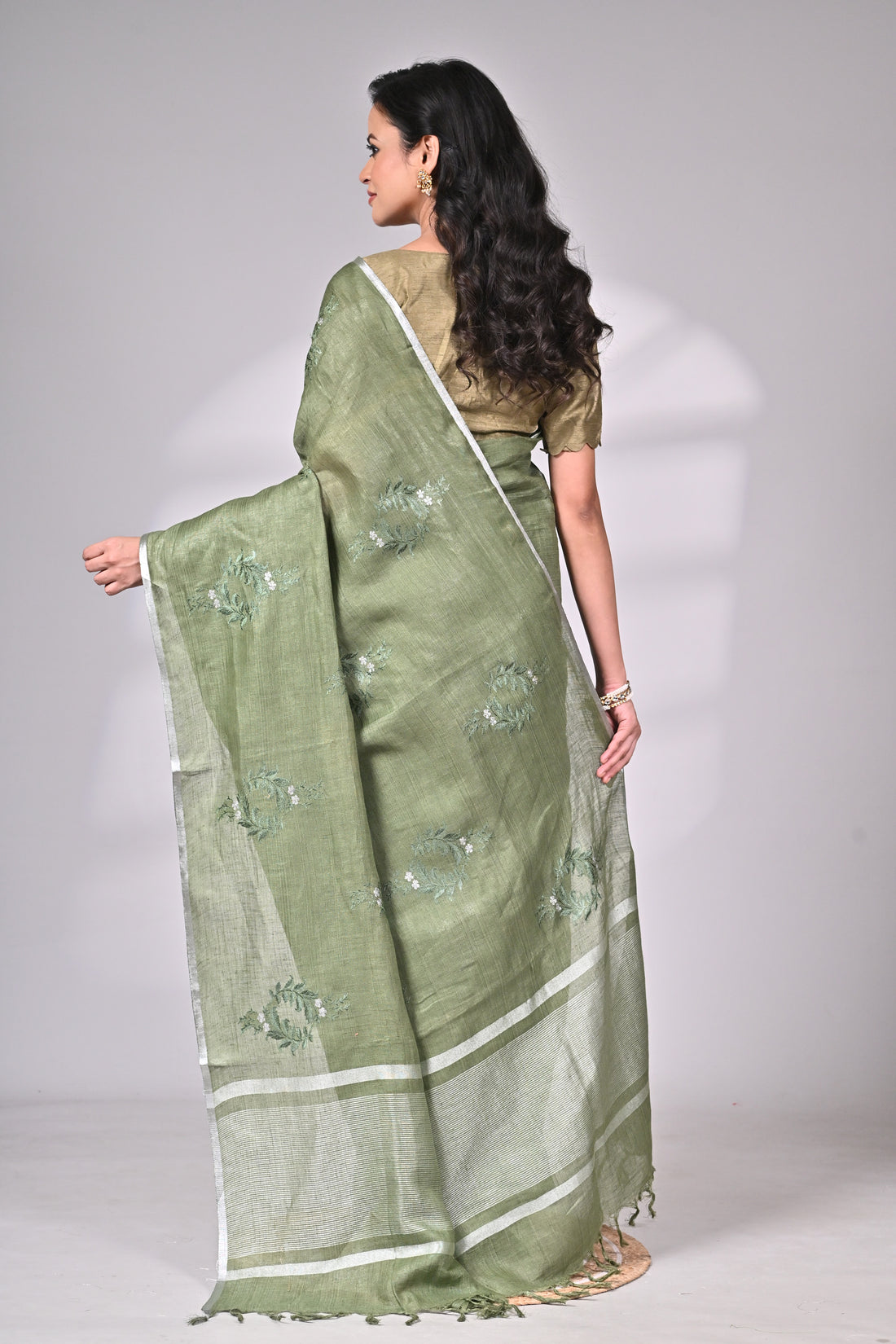 Linen Saree with Subtle Embroidery – Olive Green