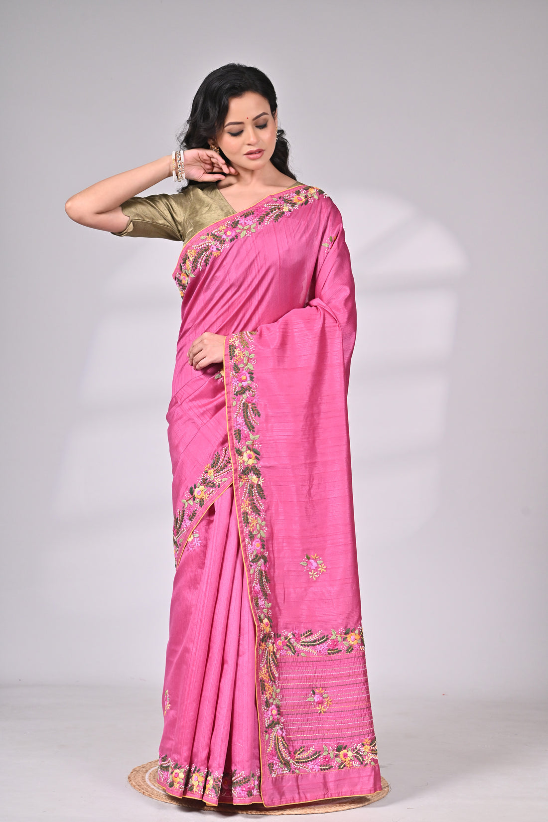 Premium Semi Tussar Saree with Intricate Embroidery – Pink