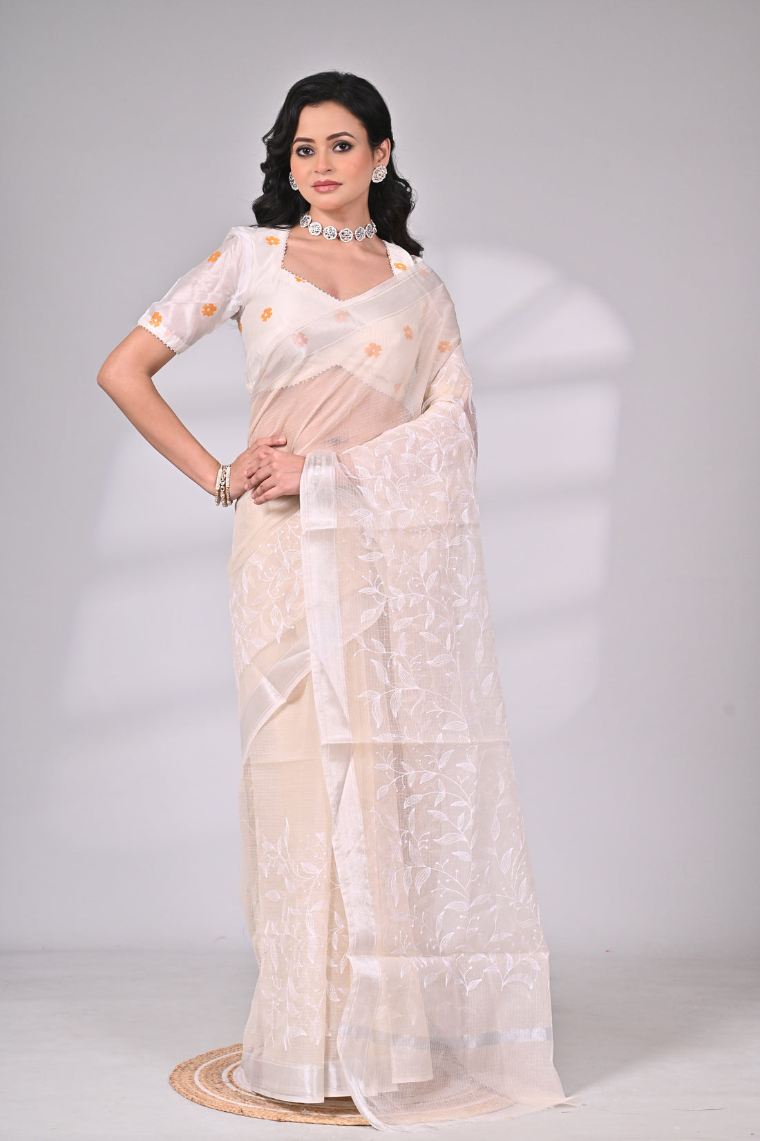 Elegant Kota Doria Saree with White Thread Embroidery – Ivory