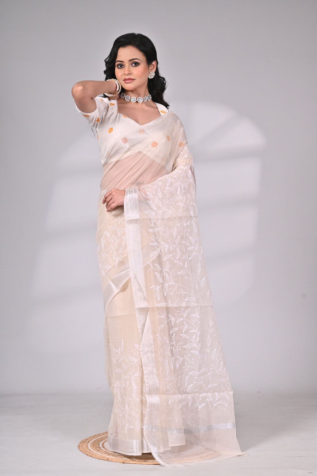 Elegant Kota Doria Saree with White Thread Embroidery – Ivory