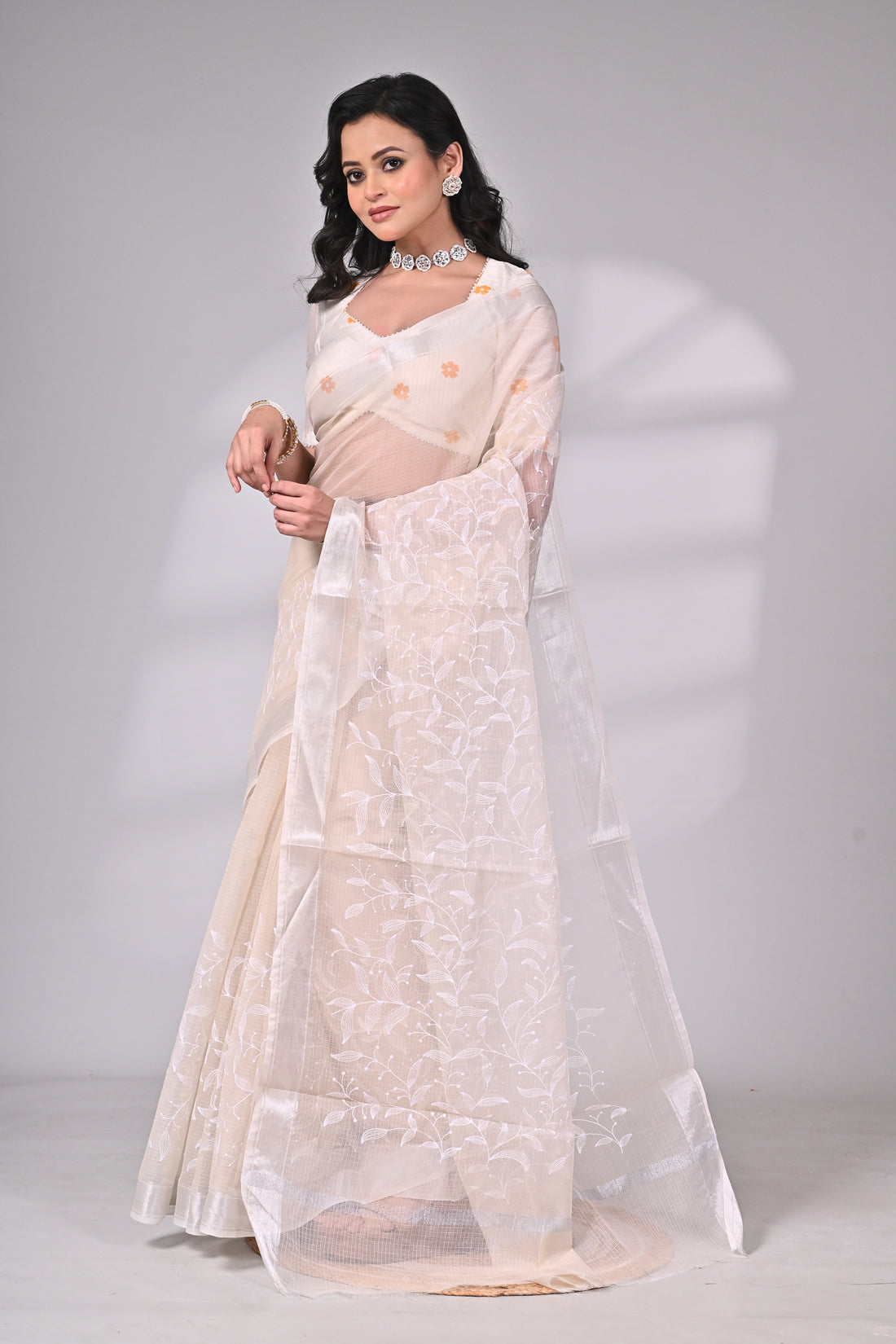 Elegant Kota Doria Saree with White Thread Embroidery – Ivory