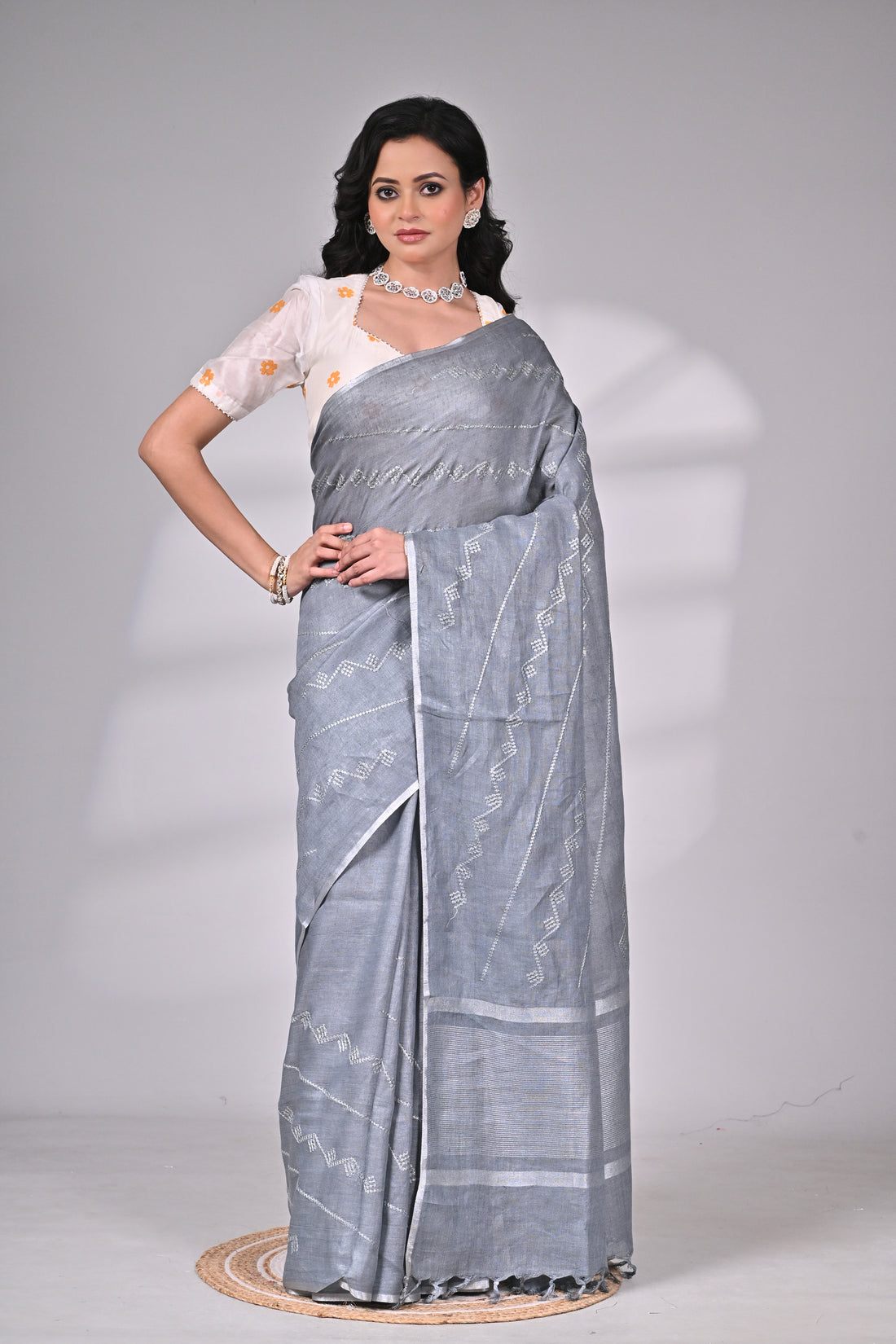 Linen Saree in Steel Grey with Subtle Thread Detailing