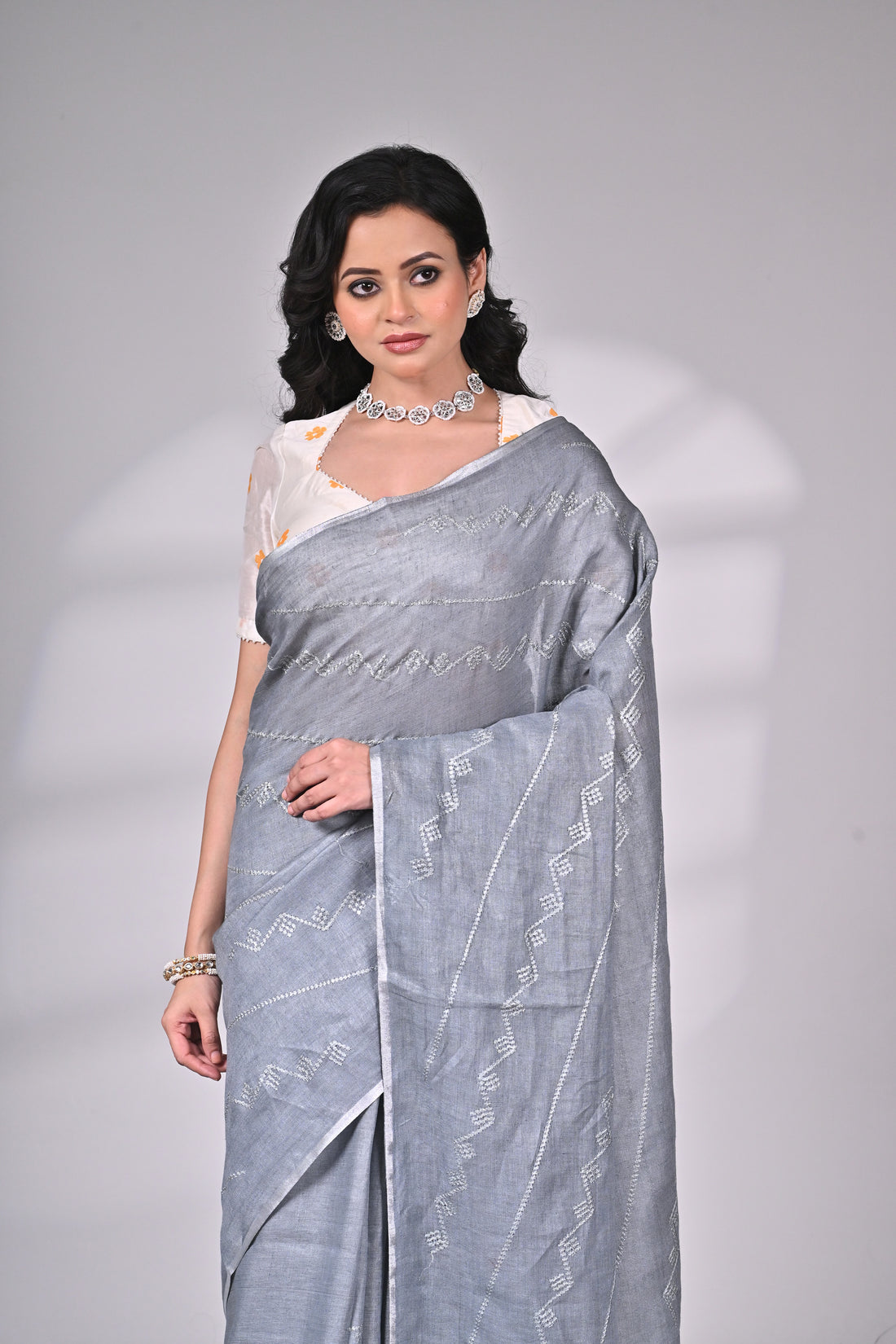Linen Saree in Steel Grey with Subtle Thread Detailing