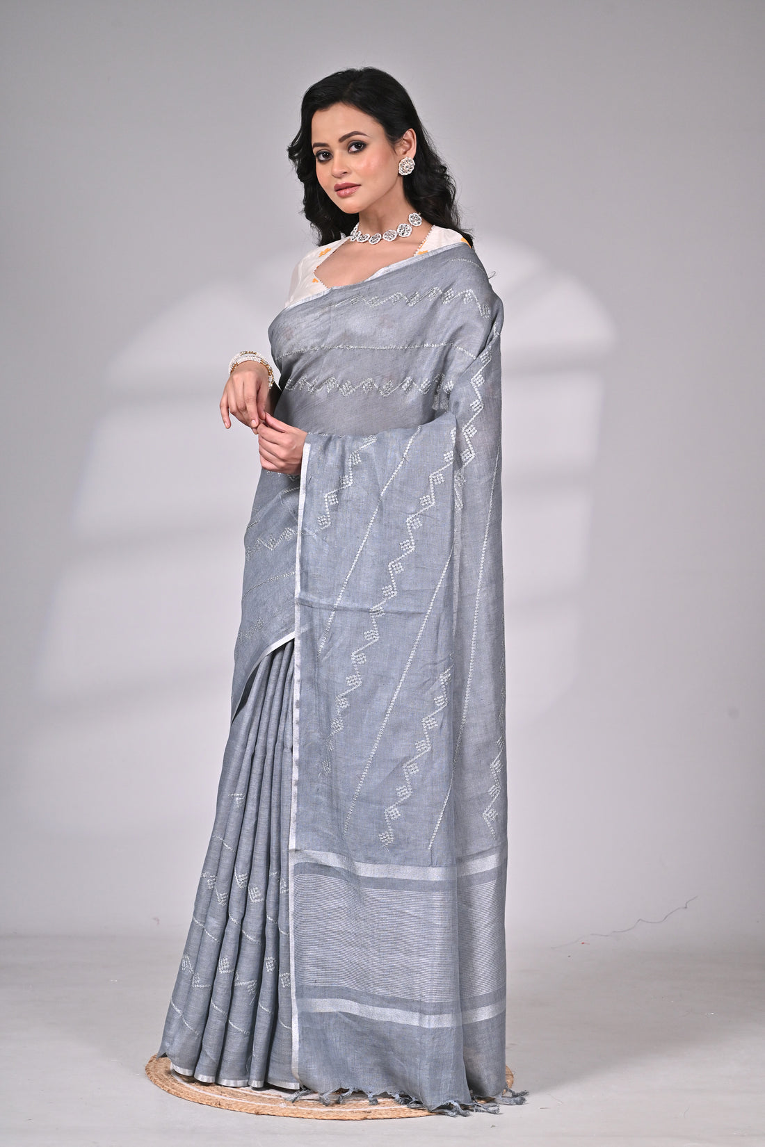 Linen Saree in Steel Grey with Subtle Thread Detailing