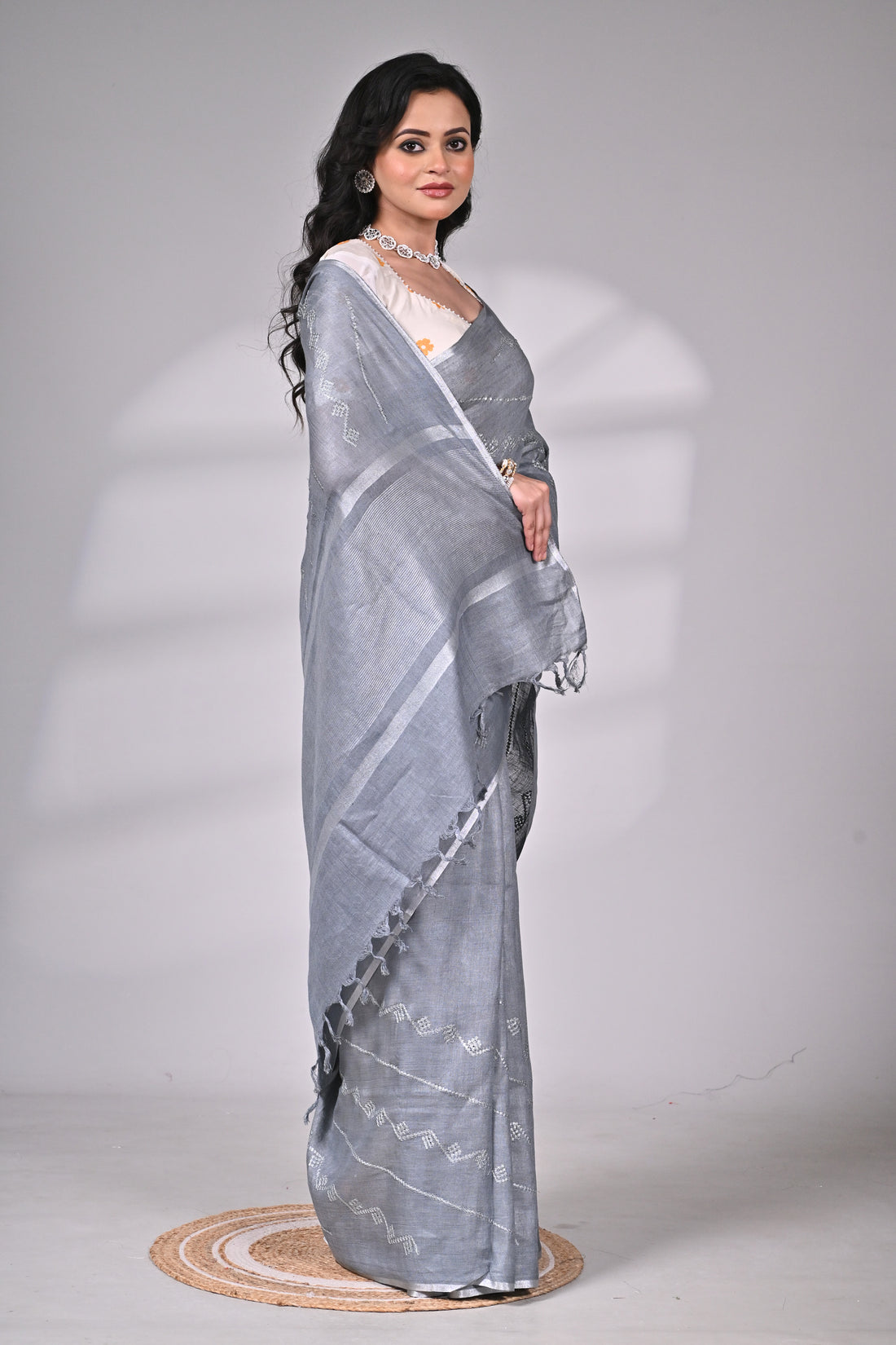 Linen Saree in Steel Grey with Subtle Thread Detailing