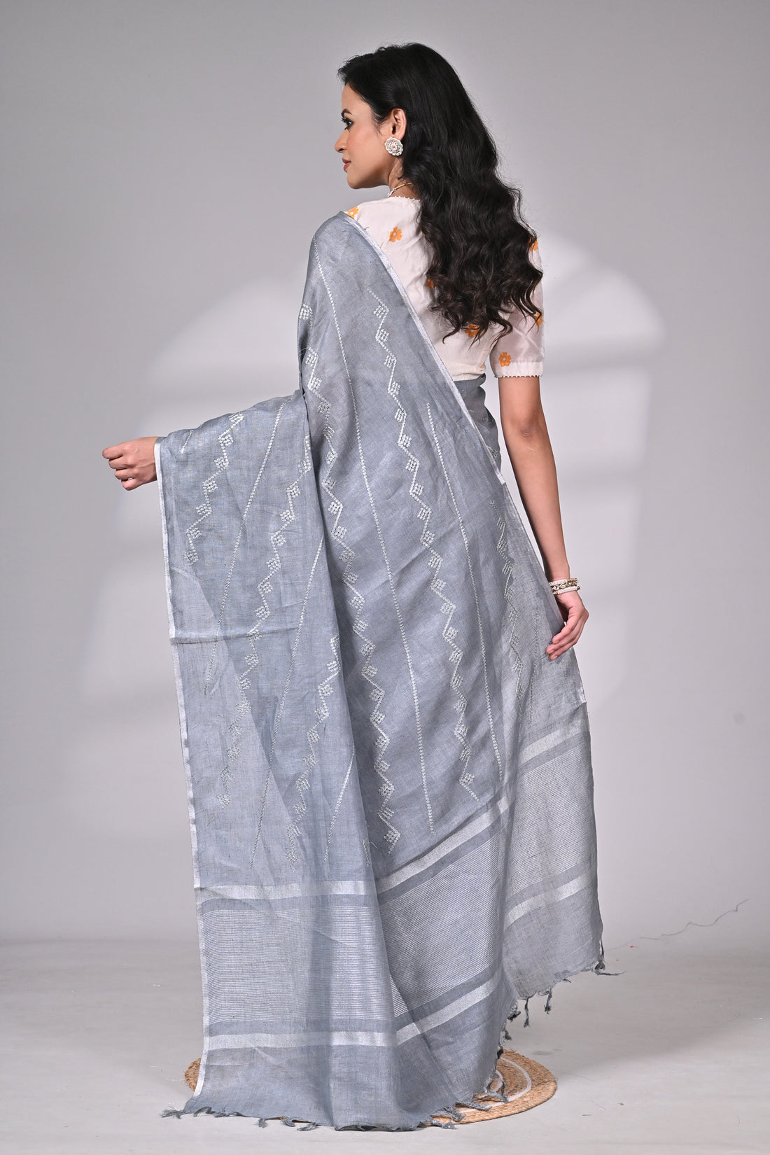 Linen Saree in Steel Grey with Subtle Thread Detailing