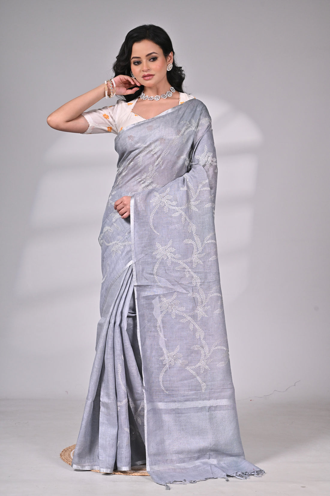 Linen Saree in Soft Grey with Delicate Thread Embroidery