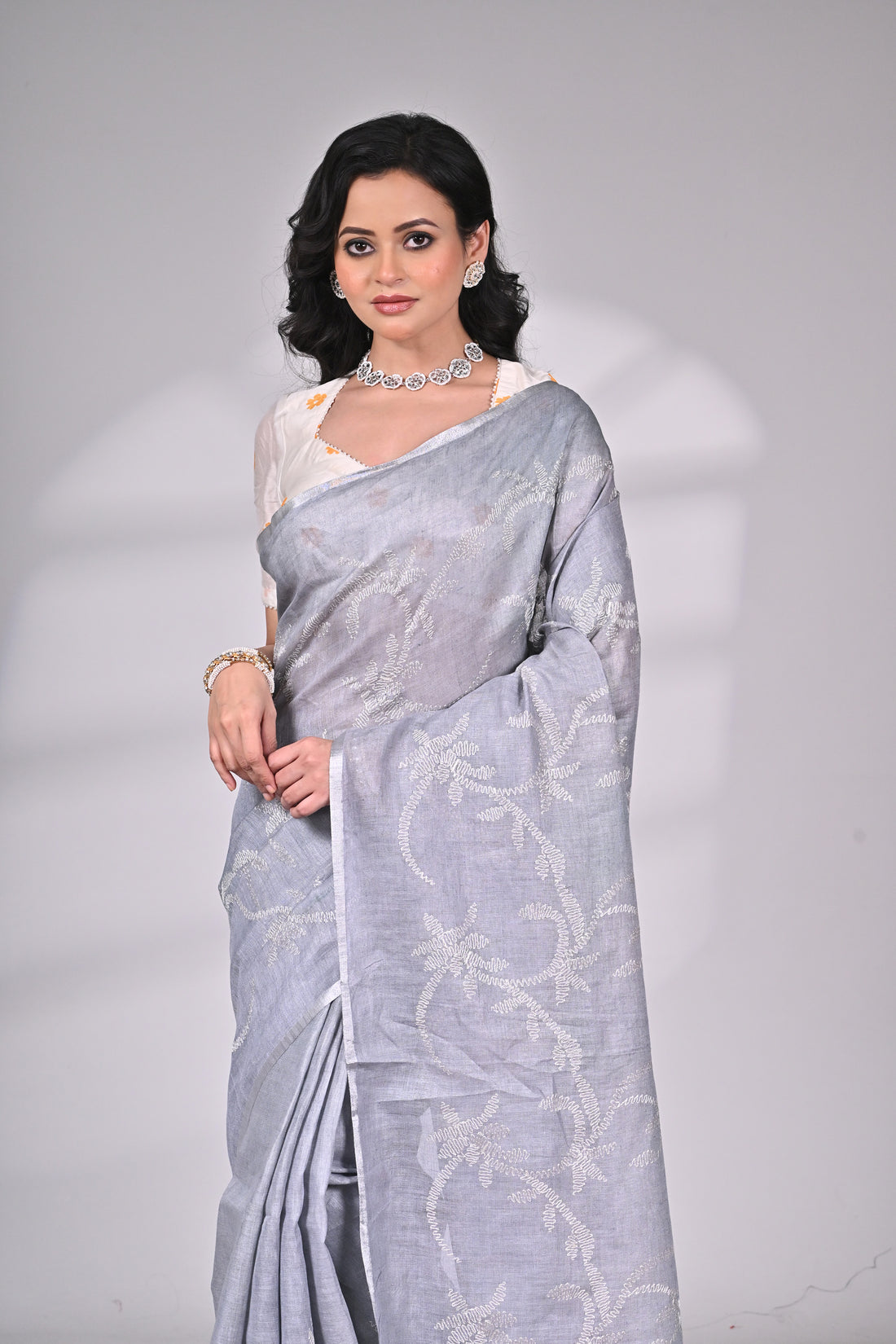 Linen Saree in Soft Grey with Delicate Thread Embroidery