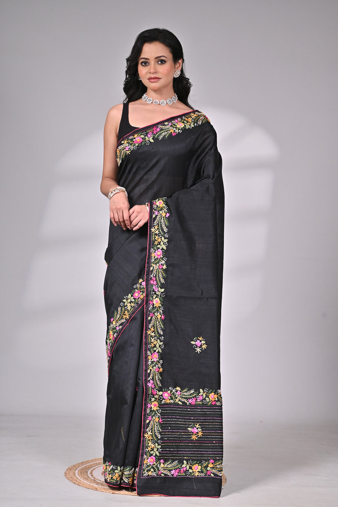 Premium Semi-Tussar Saree in Black with Exquisite Hand Embroidery