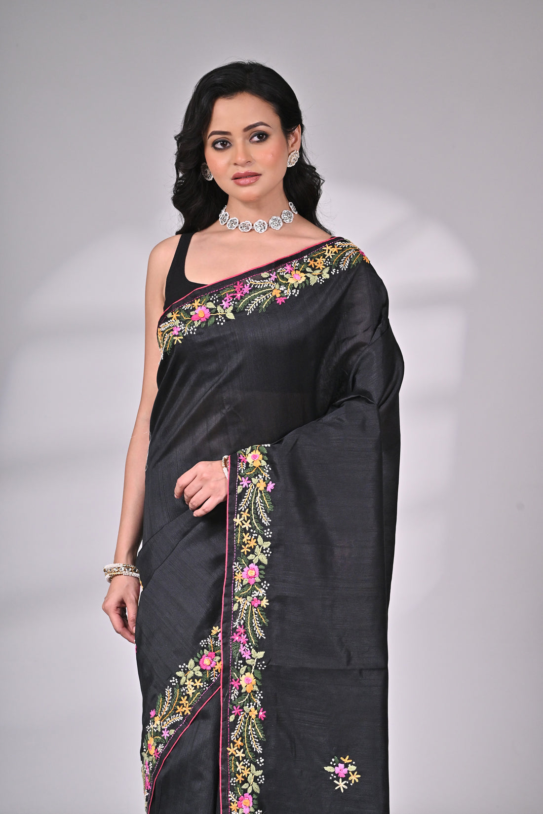 Premium Semi-Tussar Saree in Black with Exquisite Hand Embroidery