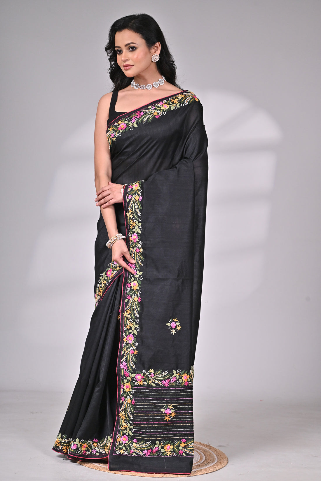 Premium Semi-Tussar Saree in Black with Exquisite Hand Embroidery