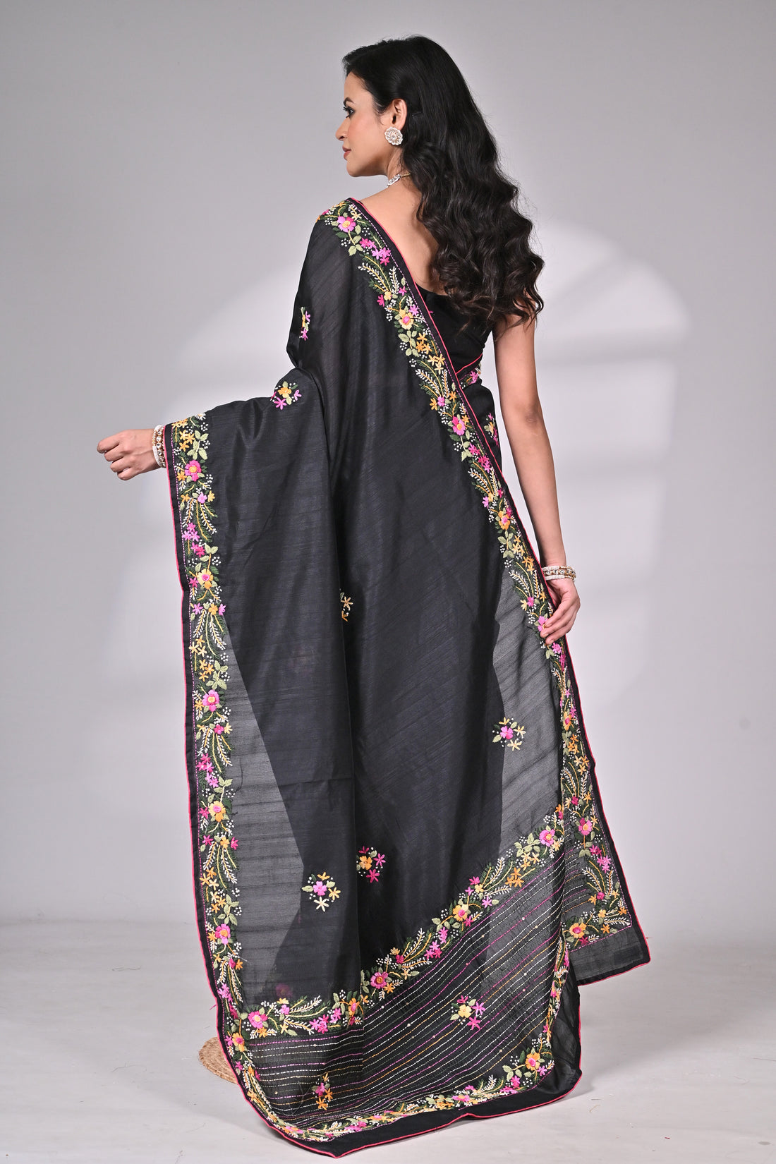 Premium Semi-Tussar Saree in Black with Exquisite Hand Embroidery