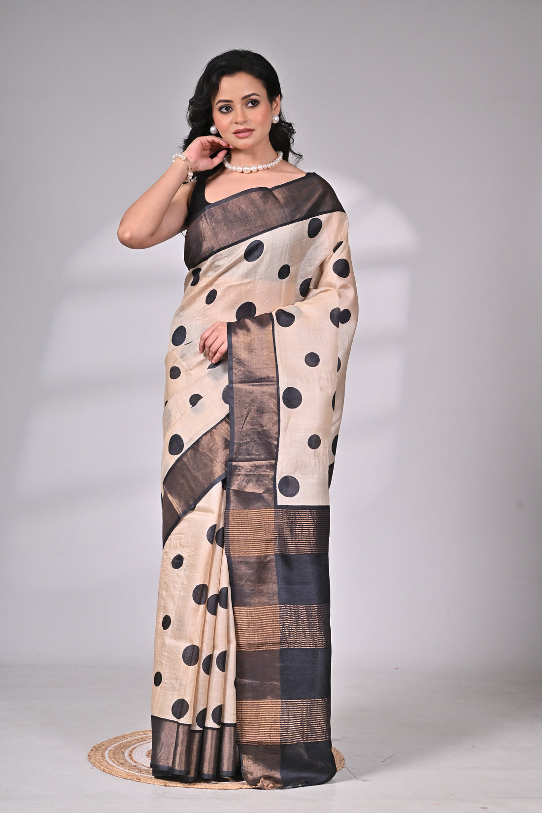 Premium Handloom Tussar Silk Saree in Cream & Black with Bold Polka Design