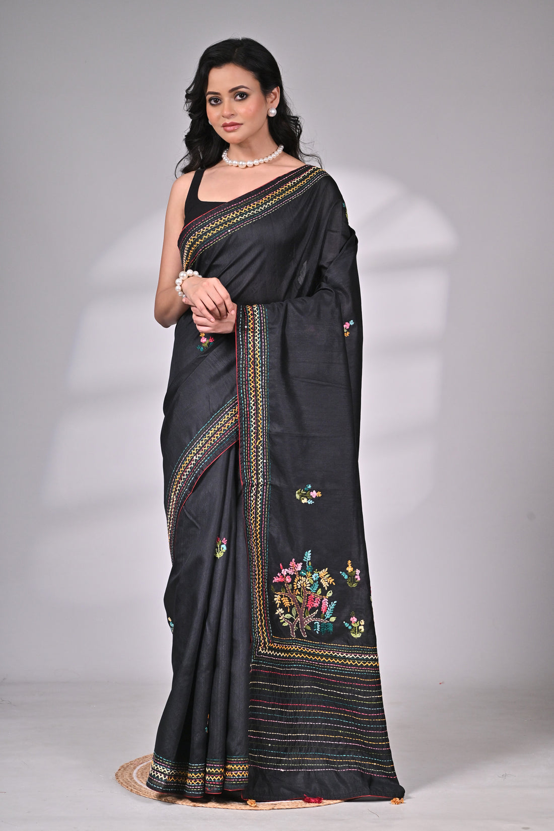 Premium Semi Tussar Saree in Black with Multicolor Hand Embroidery