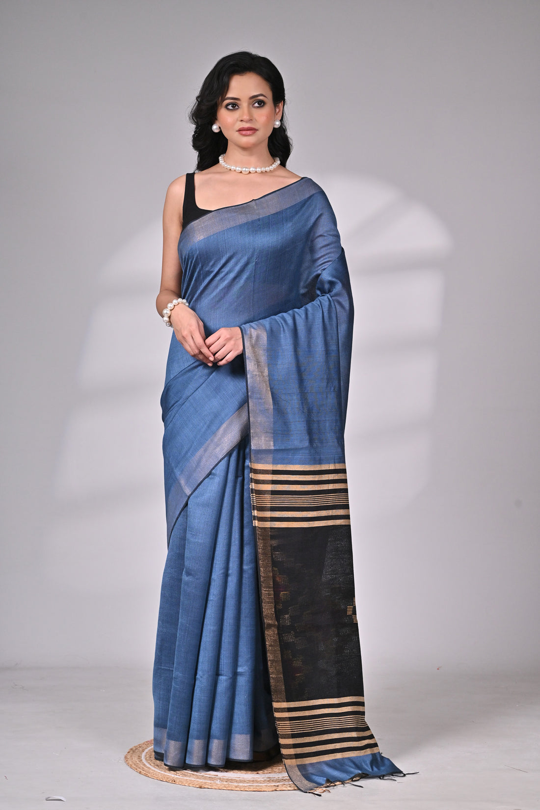 Handloom Tussar Viscose Saree in Blue with Black & Gold Pallu