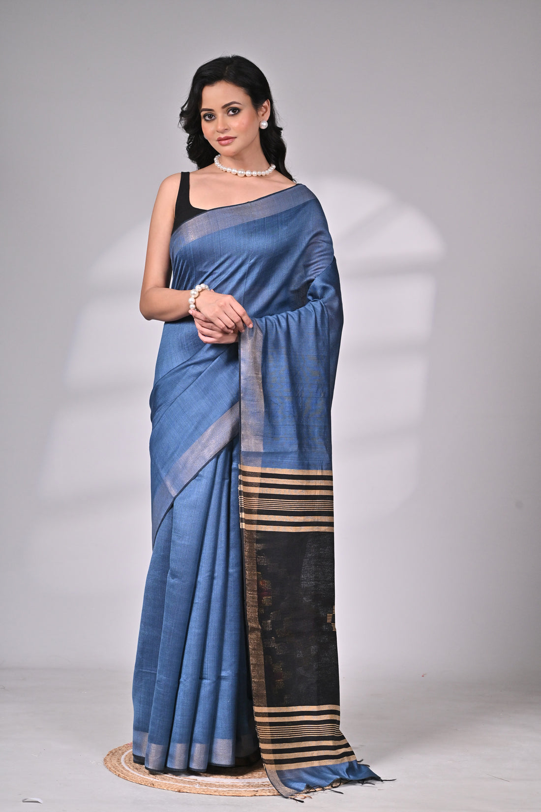 Handloom Tussar Viscose Saree in Blue with Black & Gold Pallu