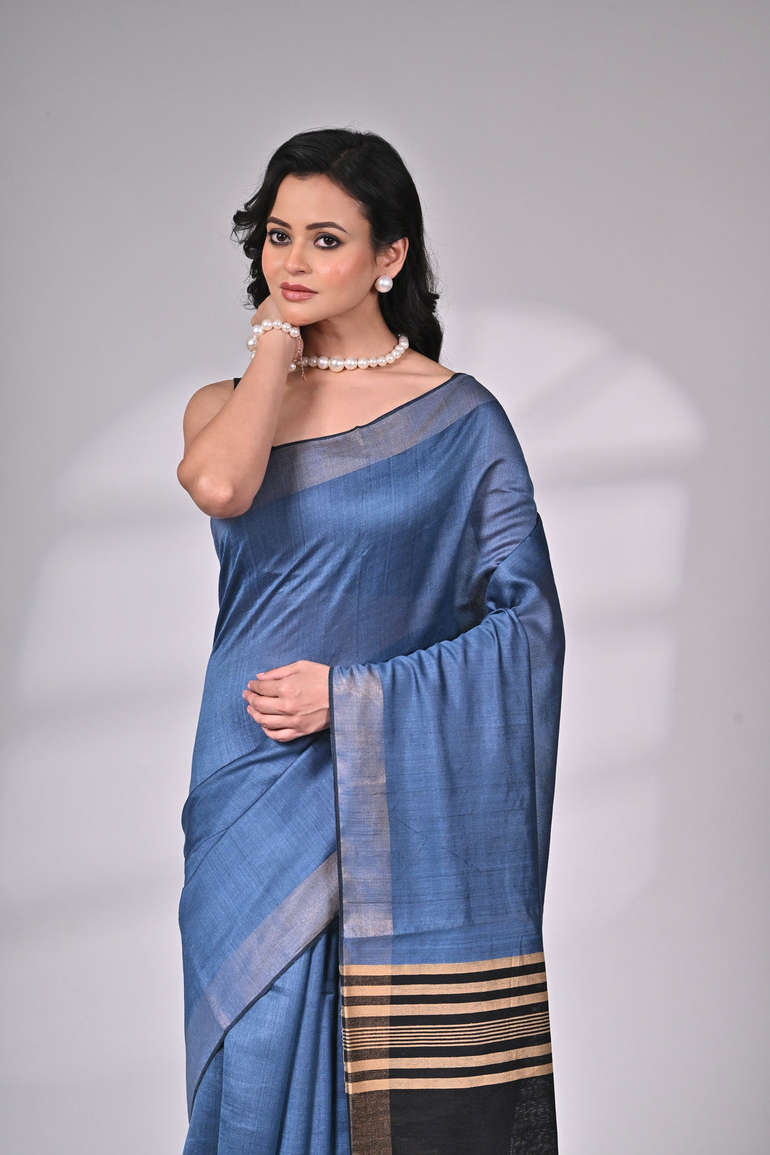 Handloom Tussar Viscose Saree in Blue with Black & Gold Pallu