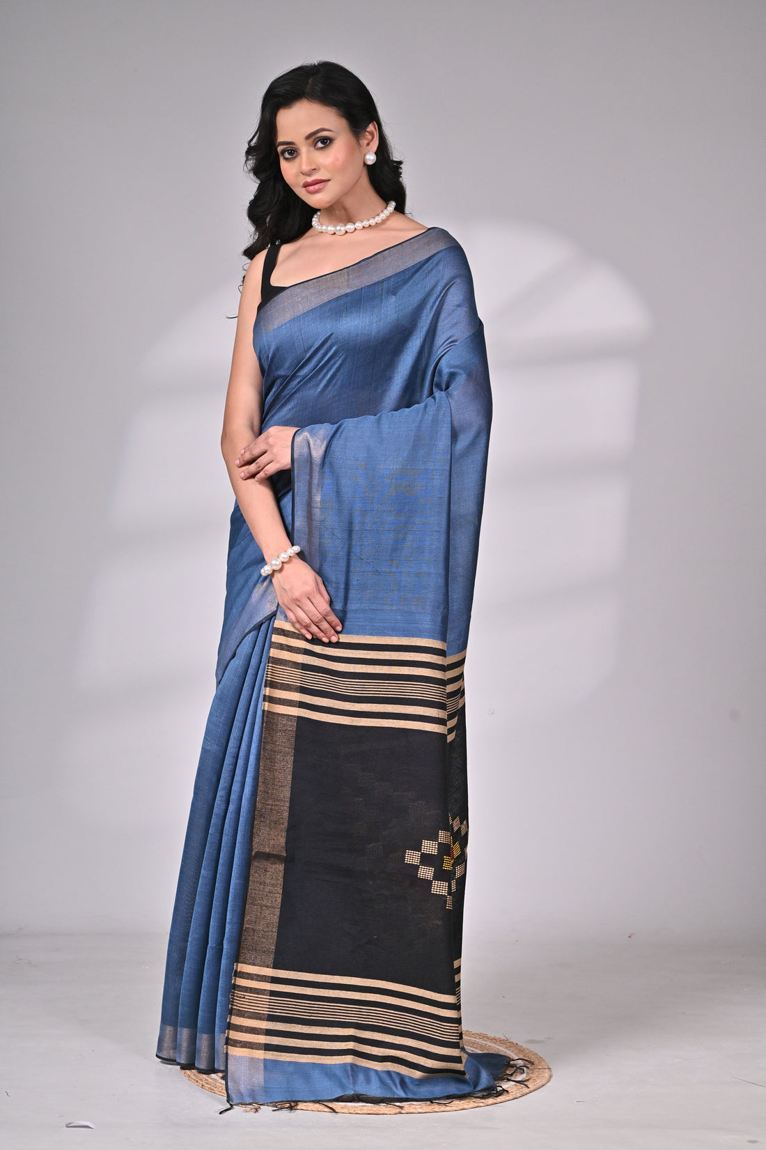 Handloom Tussar Viscose Saree in Blue with Black & Gold Pallu