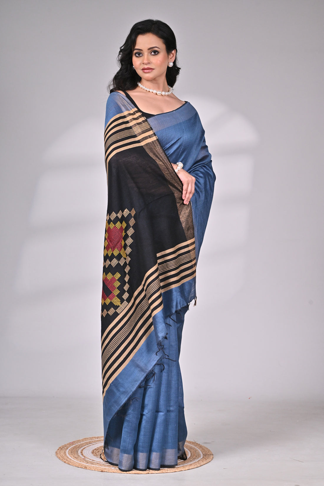 Handloom Tussar Viscose Saree in Blue with Black & Gold Pallu