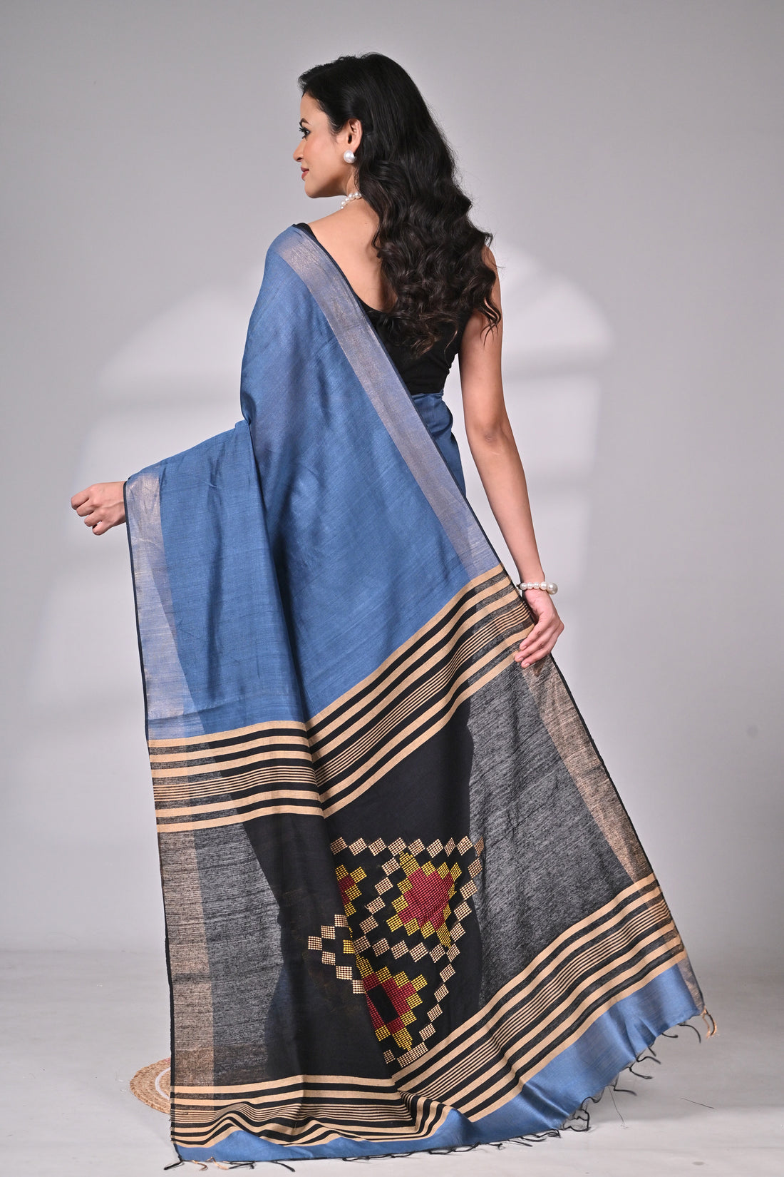 Handloom Tussar Viscose Saree in Blue with Black & Gold Pallu
