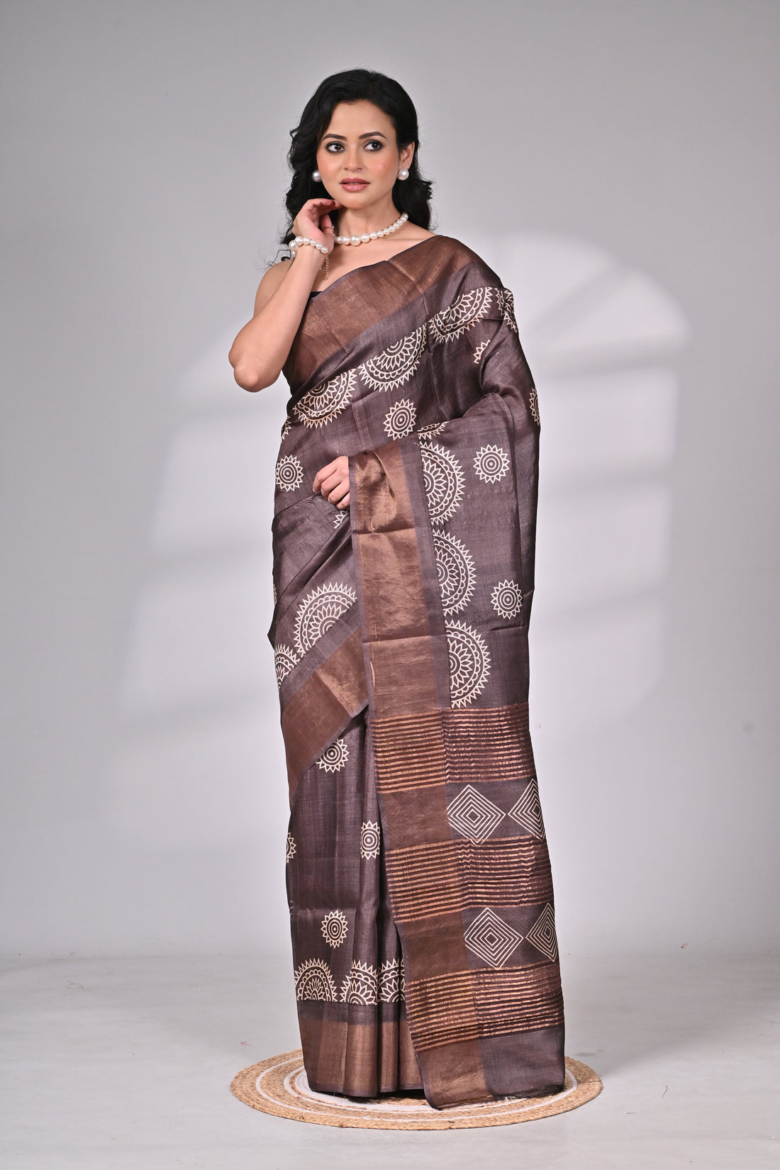 Handloom Tussar Saree in Chocolate Brown with Tribal-Inspired Motifs