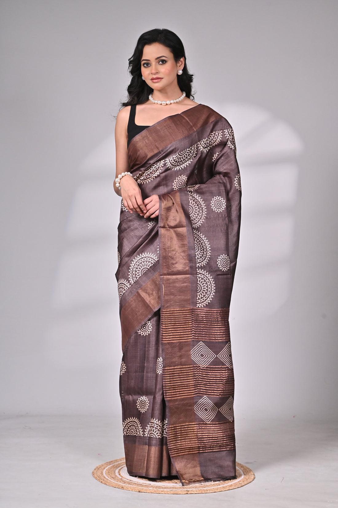 Handloom Tussar Saree in Chocolate Brown with Tribal-Inspired Motifs