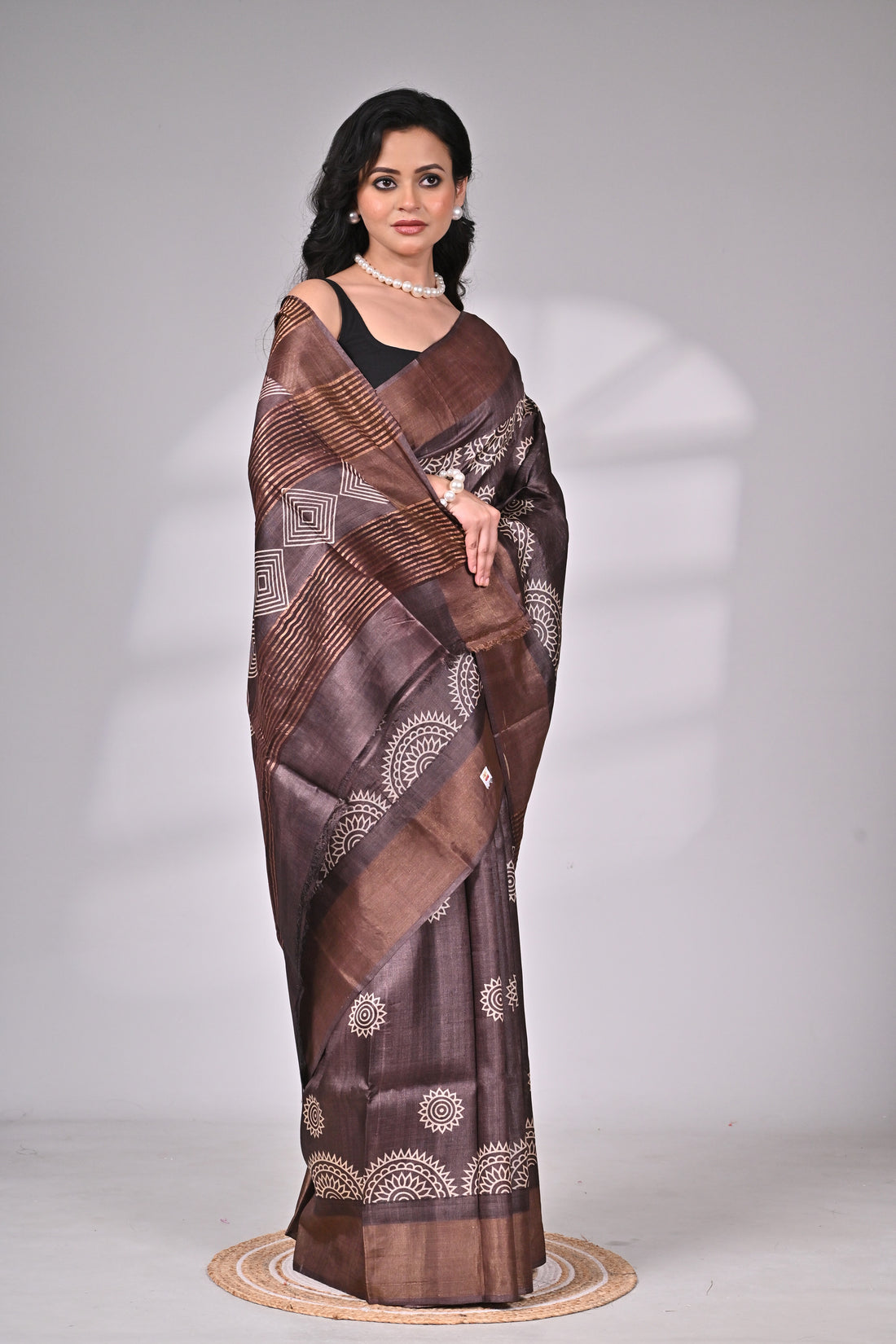 Handloom Tussar Saree in Chocolate Brown with Tribal-Inspired Motifs