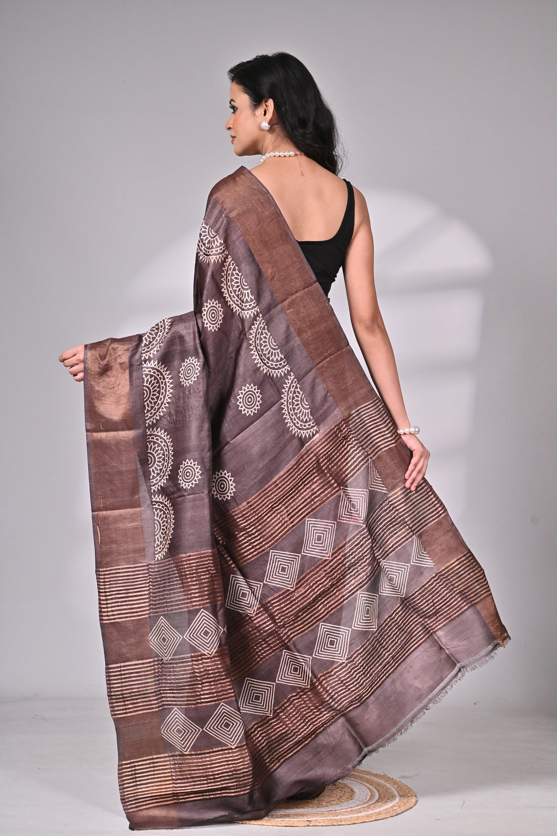 Handloom Tussar Saree in Chocolate Brown with Tribal-Inspired Motifs