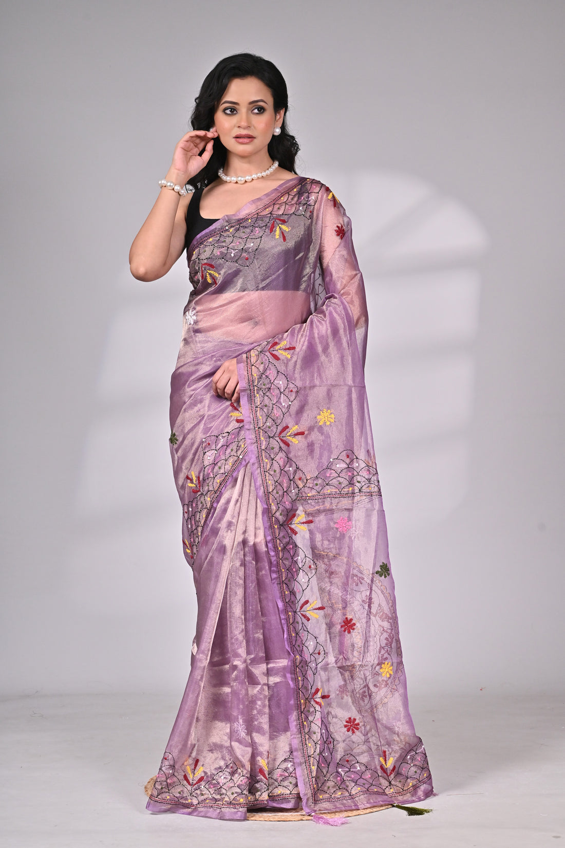 Premium Lavender Glass Tissue Saree with Hand Embroidery