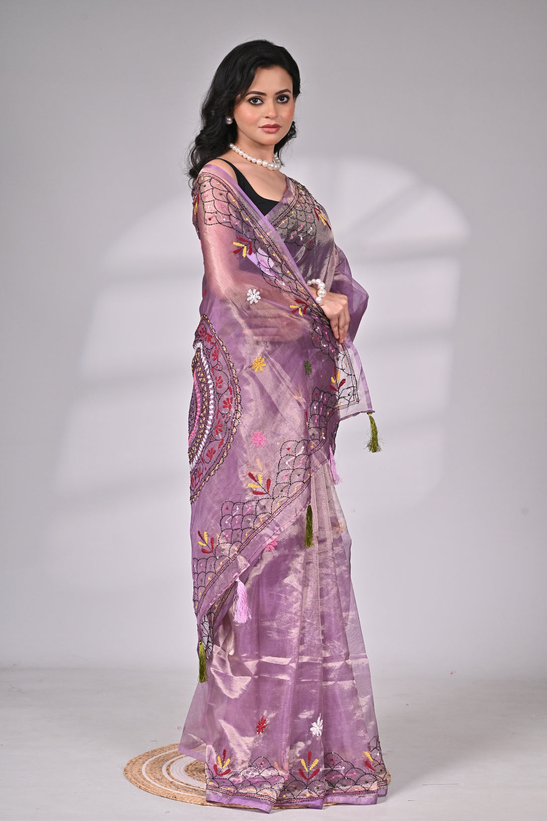 Premium Lavender Glass Tissue Saree with Hand Embroidery
