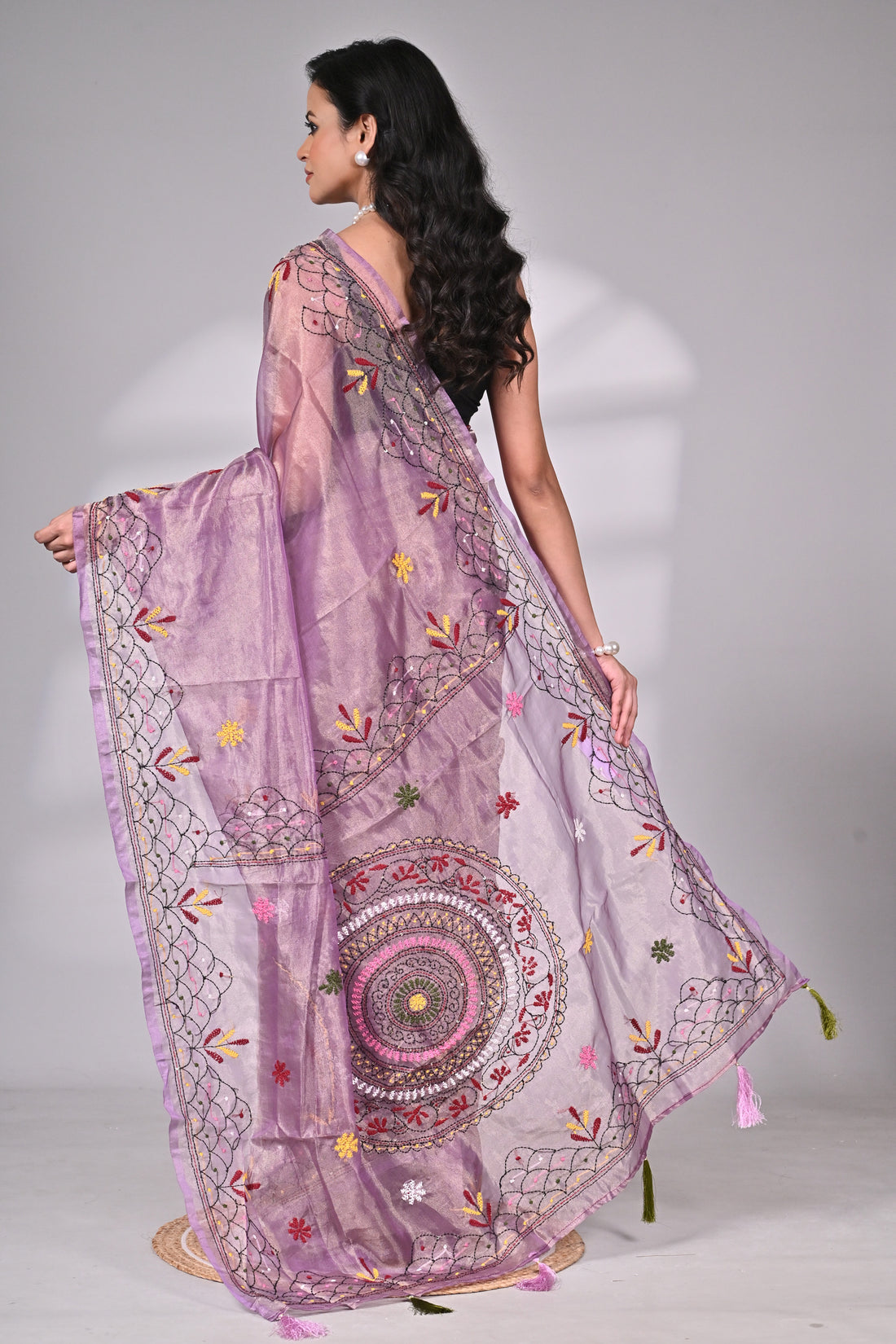 Premium Lavender Glass Tissue Saree with Hand Embroidery