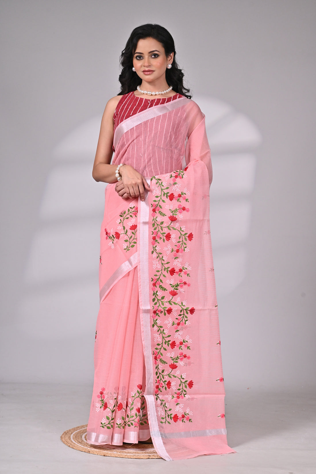 Pastel Pink Kota Doria Saree with Delicate Embroidery