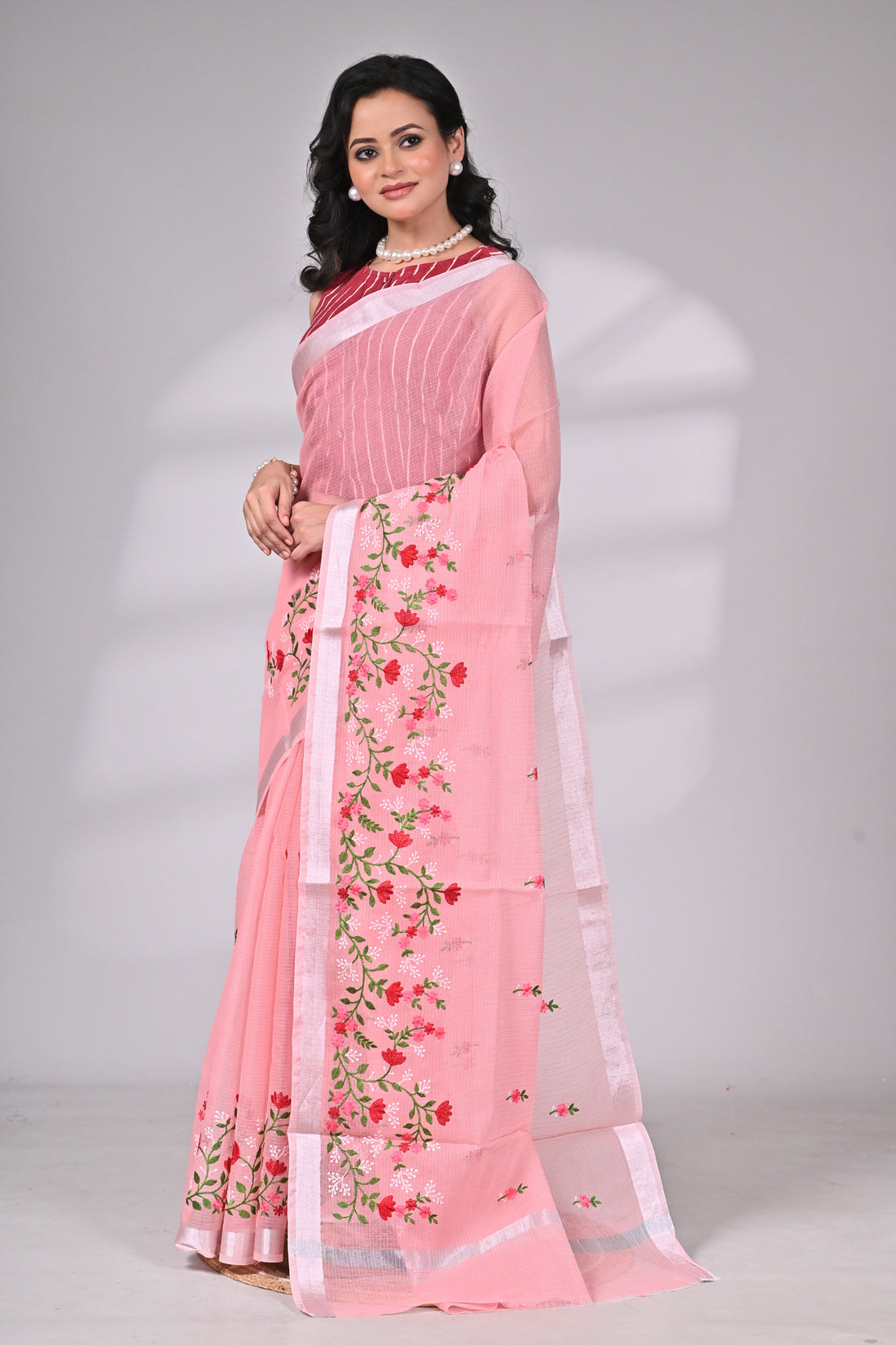 Pastel Pink Kota Doria Saree with Delicate Embroidery